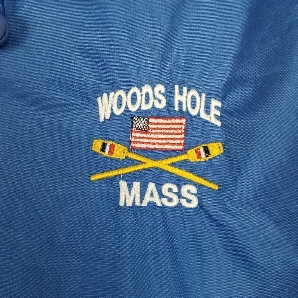 Woods Hole Mass Windbreaker Jacket Full Zip Kenpo Mens Size XL Blue Hood Stripe